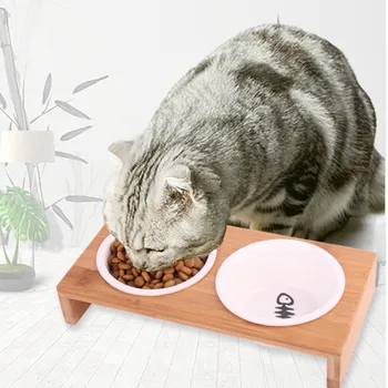 

Pet Bowl Cat Double Single Ceramic Bowl Bamboo Wood Frame Features Durable Healthy Anti-Slip Wooden Frame Pet Cat Dog Bowls