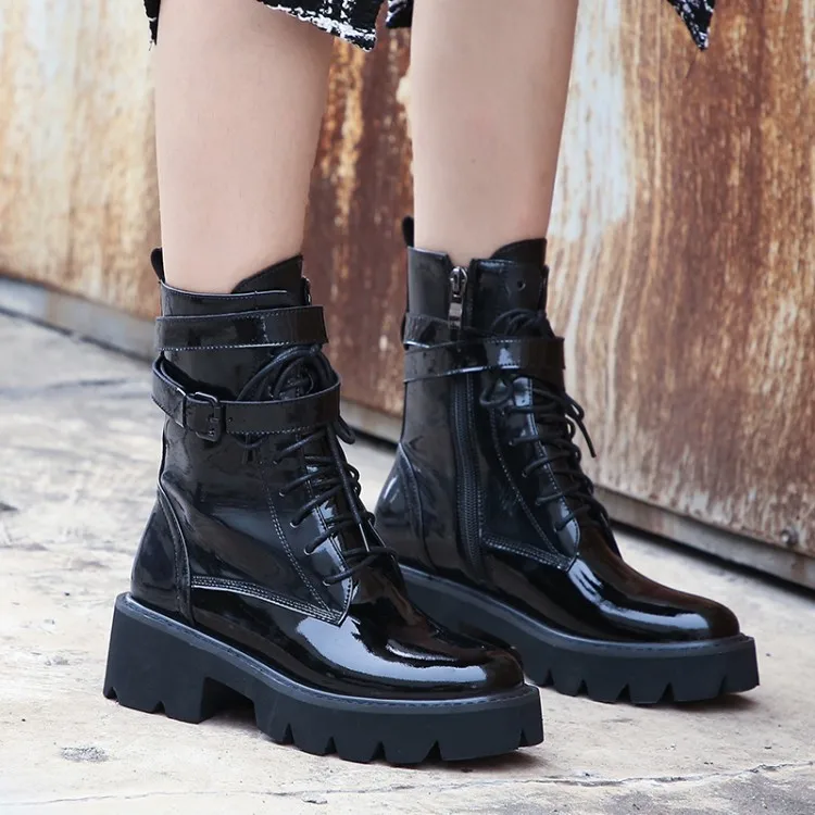 

PXELENA Gothic Platform Chunky Block Heel Martin Knight Boots Women Genuine Leather Lace Up Buckle Army Combat Military Shoes 42