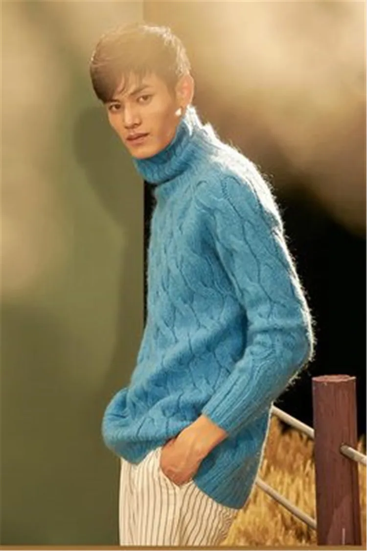  100%hand made wool blend turtleneck knit men twisted solid pullover sweater one&over size