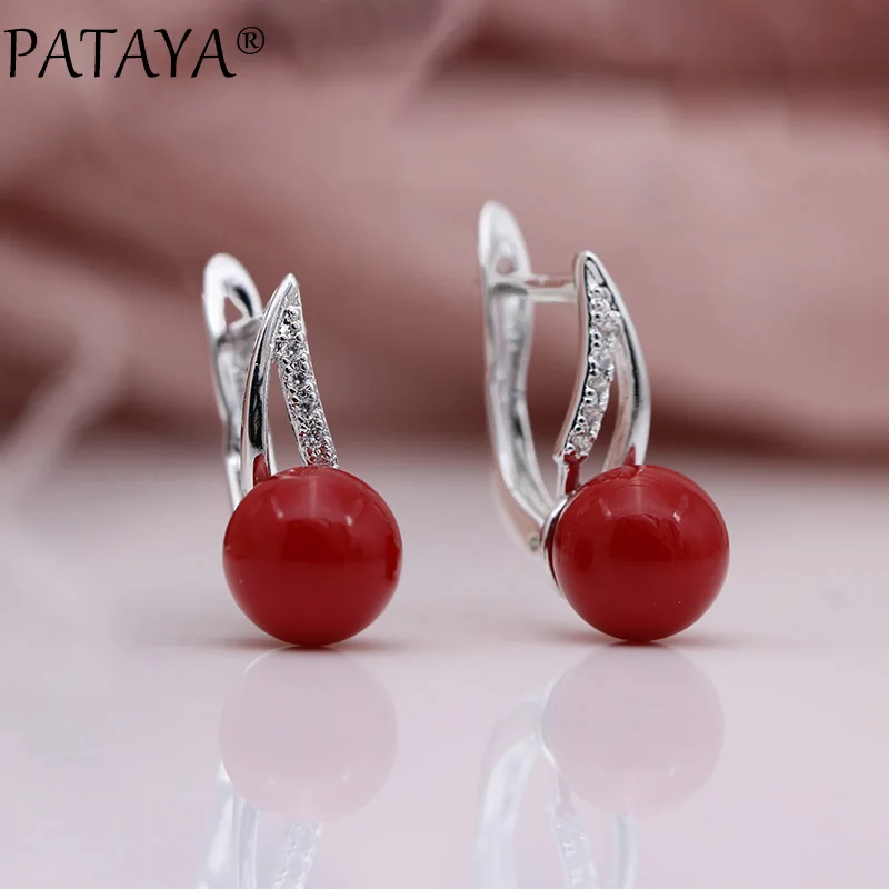 

PATAYA New True White Gold Natural Zircon Coral Red Shell Pearls Dangle Earrings Women Wedding Party Jewelry Girls Cute Earring