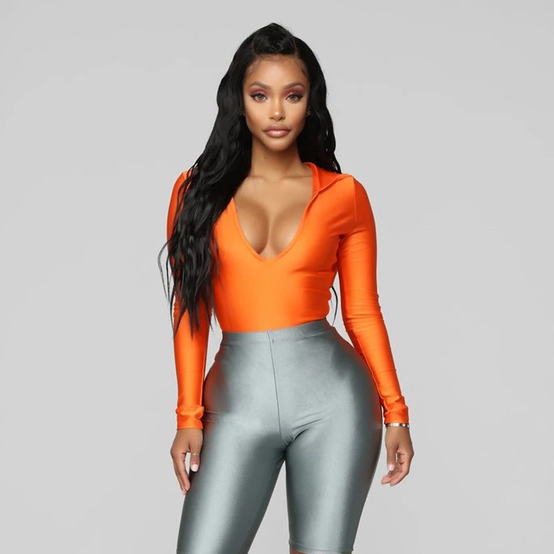 

Sexy Bodycon Deep V Neck Neon Orange Bodysuit for Women Cute Female Rave Festival Hooded High Cut Long Sleeve Bodysuits