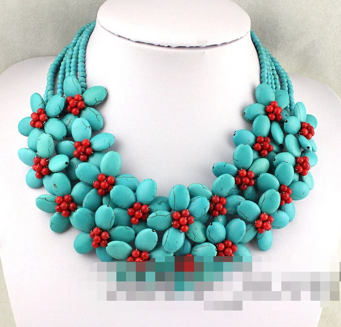

3280 Natural Turquoise Coral Flower Necklace/Earrings Set
