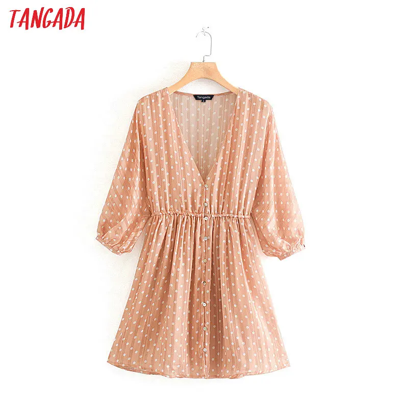 

Tangada women elegant dots stripe print mini dress v neck three quarter sleeve stretchy waist female casual sweet dress XN280