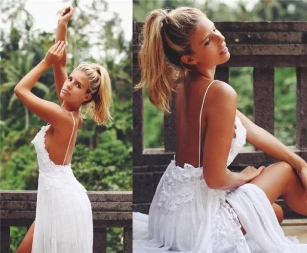 

Hot Sale Bohemia Chiffon Beach Wedding Dresses Applique Sweetheart with Spaghetti Straps Sleeveless Split Wedding Dress ZY3248