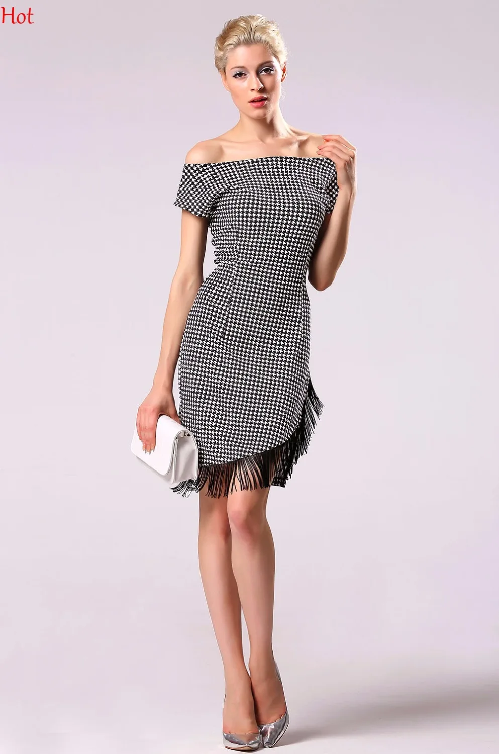 OL Women Sexy Off Shoulder Plaid Dress Short Sleeve Fringe Tassels Dress Irregular Casual Formal 