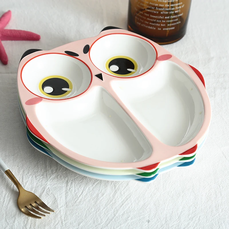 Cartoon Owl Baby Dishes Ceramic Sub-grid Plates Creative Irregular Children Tableware For Infant Toddler Kids Feeding Utensils