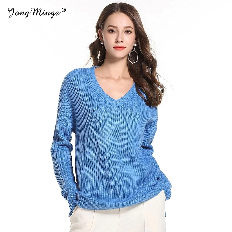 

Solid Large Size Loose Lady Sweater Long Sleeve V Neck Knitted Sweaters Women Pullovers Autumn Winter Clothing Casual Sweater