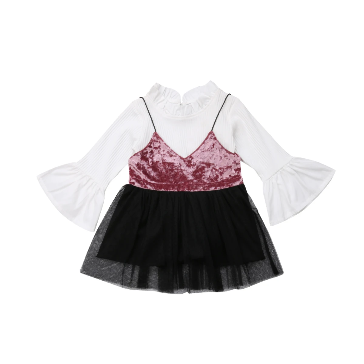 

Toddler Baby Girl Outfit Christmas Flare Long Sleeve Tops Solid T shirt Strap Lace Tutu Dress Clothes Set 2019