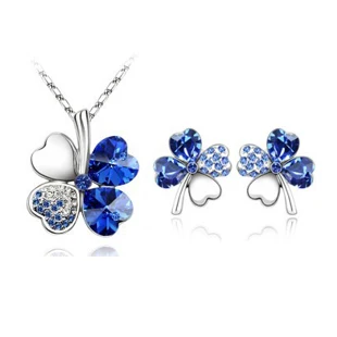

2018 new temperament ladies rhinestone individuality HOT Austrian crystal jewelry Clover two sets of necklace + earring