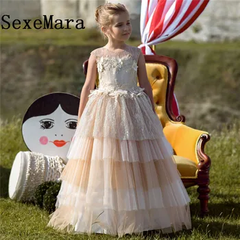 

Luxury Sparkly Puffy Flower Girls Dresses Sleeveless Tulle Floor Length Multi-layer Girls Communion Princess Birthday Dress
