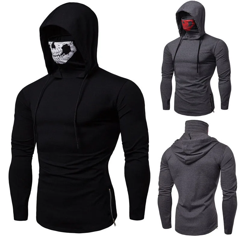 

Scary Halloween Horror Demon Grim Reaper Costume Mens Skull Skeleton Print Pullover Tops Coat Mask Cotton Hoodie Hooded Sweater