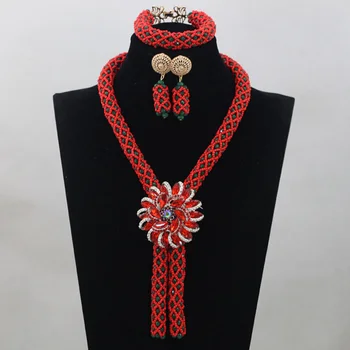 

Popular Nigerian African Wedding Groom Beads Necklace Jewelry Set Red Mix Dark Green New Design For Women Free Shipping ANJ177