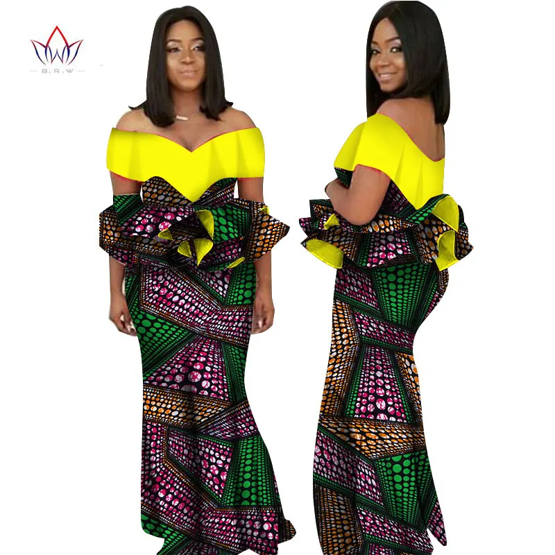 2019 осень африканские платья для женщин модная дизайнерская одежда Дашики женщин платье Базен riche slash шеи длинное платье натуральный 6xl WY2236