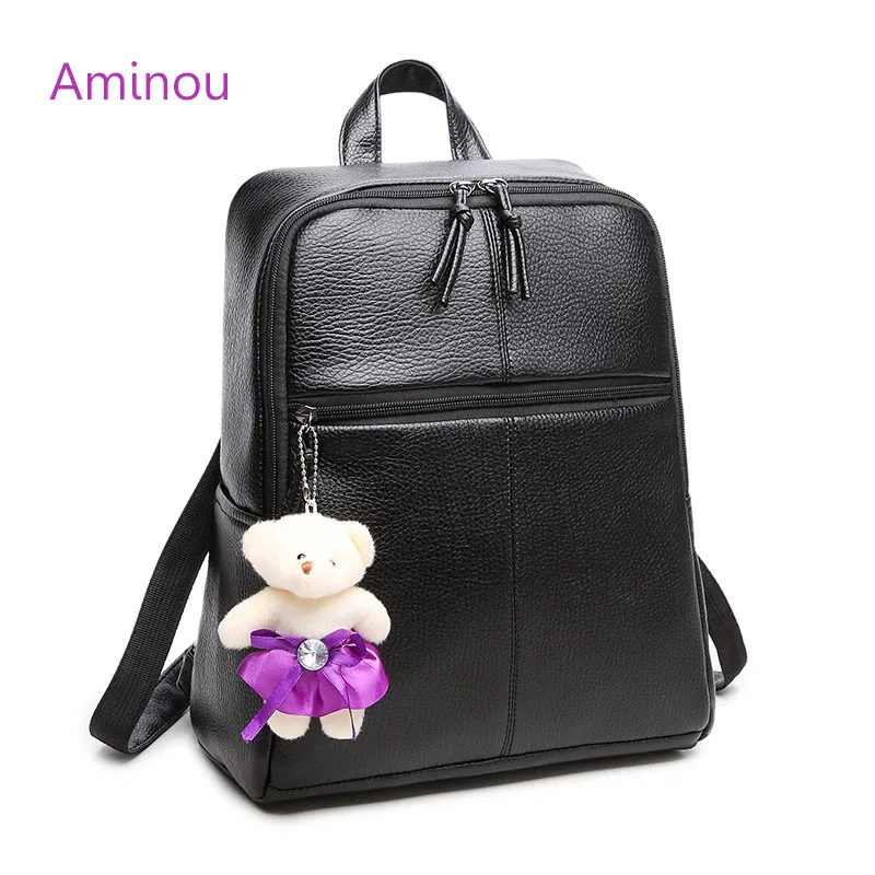 

New Women Small Backpack With Bear Doll For Girl Leather Bagpack Fashion Solid Teenage Student School Bag Zipper Rucksack Woman