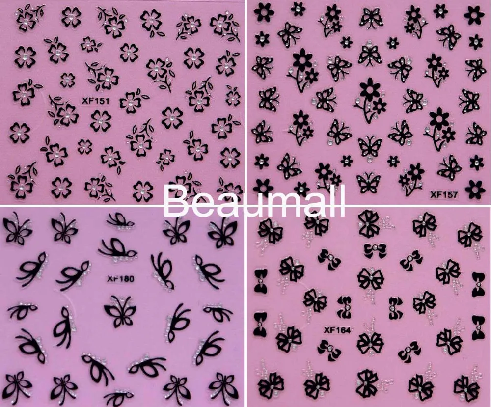 

Elegant Black 3D Designs With Diamands Nail Decals Back Glue Nail Stickers For Nail Tips Beauty DIY
