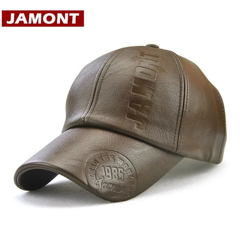 

[JAMONT] 2019 Winter Men Caps Snapback Warm Baseball Cap PU Leather Embossed Letter Outdoor Winter Men Hats