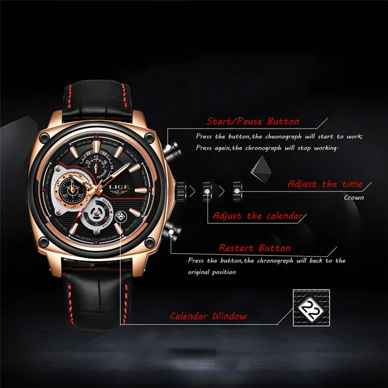 2019 Relogio Masculino LIGE Male Casual Leather Watch Mens Watches Top Brand Luxury Quartz Clock Men Waterproof Sport Wristwatch