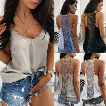 

2019 New Fashion Women Summer Tank Tops Lace Patchwork Print Sexy Vest Camisole Sleeveless Casual V-Neck Tops