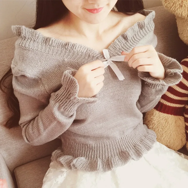 Japanese style cute women off shoulder sweater slash V neck knitted