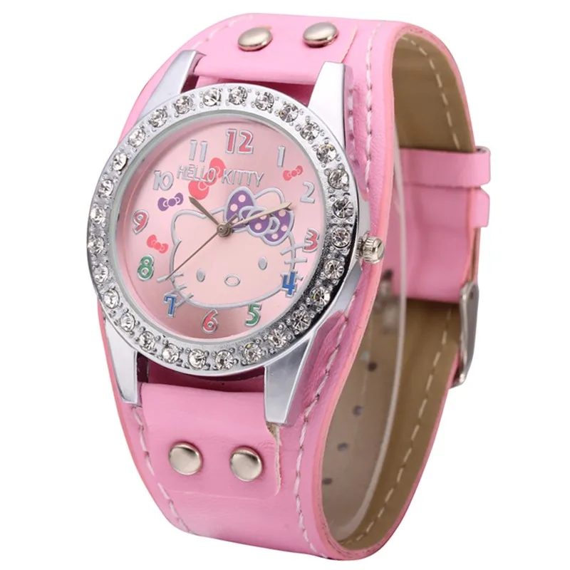 

2018 Hot Lovely Hello Kitty Children Leather Watch Kids Rhinestone Watches Student Girls Quartz Wrist Watch Clock Montre Enfant