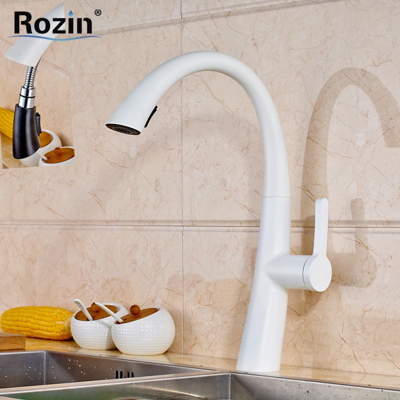 New Hot Sale Pull Out Spout Kitchen Faucet White Painting Kitchen Vessel Sink Mixer Tap Sprayer Swivel Spout Water Taps