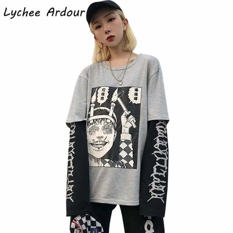 

Cartoon Comic T Shirt Female Long Sleeve O Neck Fake Two Pieces T-shirt Spring Autumn Casual Unisex Top Tees