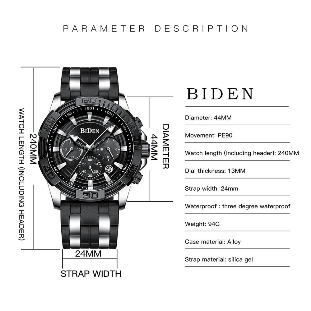 BIDEN Mens Watches Waterproof Military Sport Quartz Watch Men Top Brand Luxury Casual Wrist Watch Male Clock Relogio Masculino
