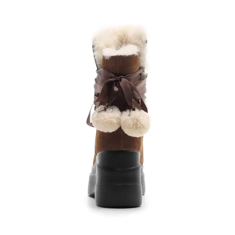 De Cruz Botas Cuñas Vaca Redonda 2018 Negro Mujeres Atado Para Nieve Moda Las brown Gamuza Tobillo Plataforma Cuero Invierno Memunia Punta BYwOq1EE