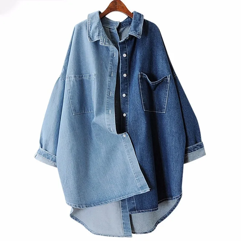 

[EWQ]2019 Spring Autumn New Korean Tide Blue Turn-down Collar Batwing Sleeve Single Breasted Cotton Lady Denim coat female MA705