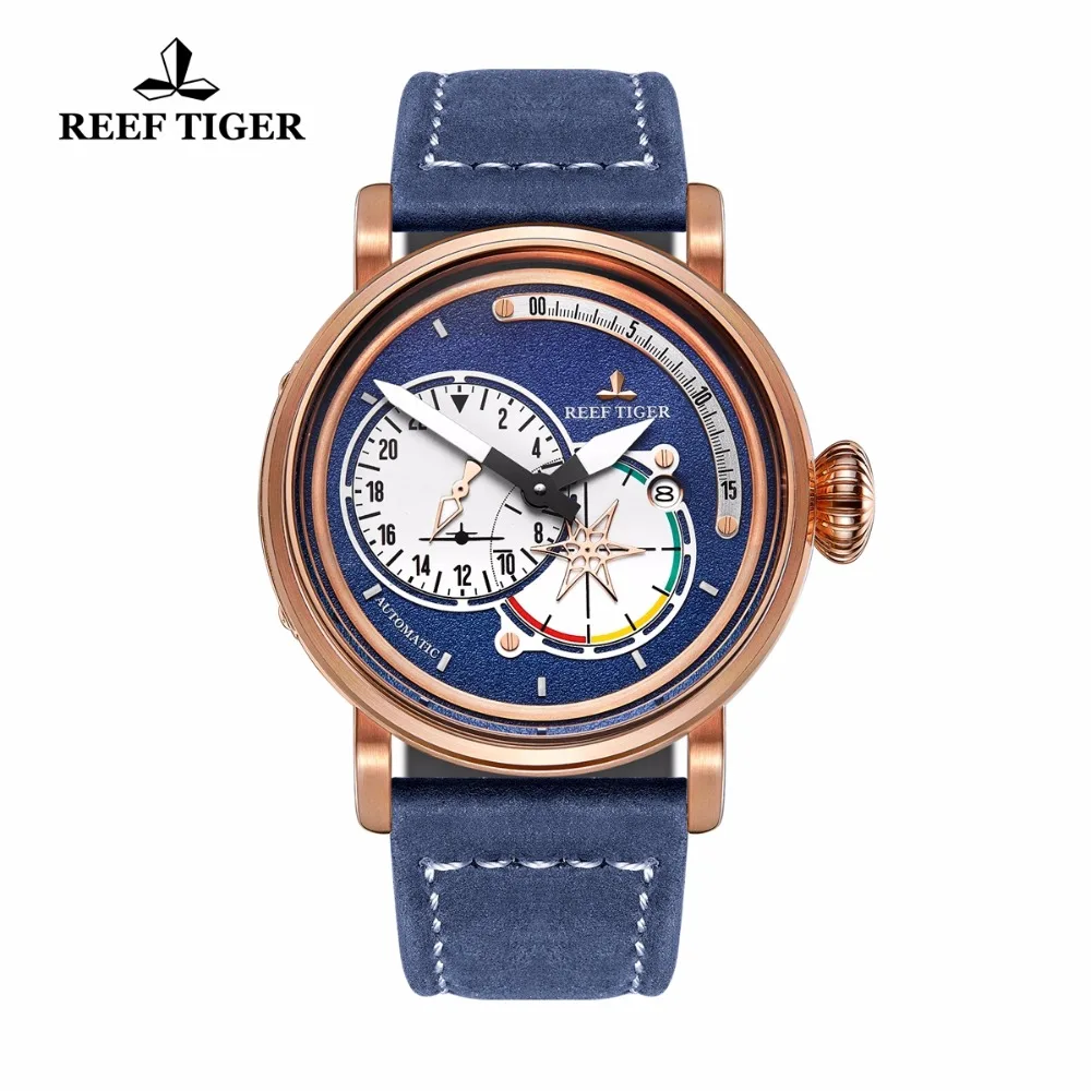 

2019 Reef Tiger/RT Military Watch Men Waterproof Genuine Leather Strap Blue Dial Automatic Pilot Watches Clock Relogio Masculino