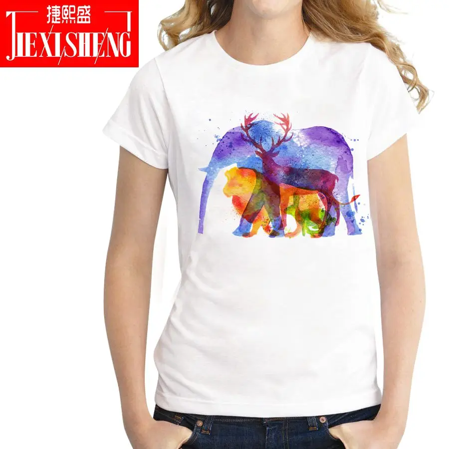 illusory Elephant Funny Lovely Animal Loose Women Round Neck Short Sleeve Print T-shirt Ladies Tops Tees