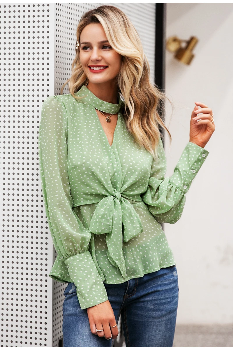 Simplee Vintage dot print v-neck women chiffon blouse shirt Bow tie high waist peplum tops Puff sleeve female tops blouse shirt