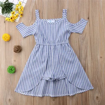 

Summer Blue Striped Sleeveless Cold Shoulder Rompers Jumpsuit Clothes Cute Girl Clothing Cotton Toddler Kids Girls Romper
