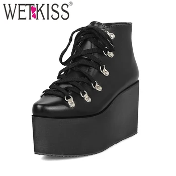 

WETKISS High Heels Women Ankle Boots Square Toe Footwear Pu Lace Up Female Boot Platform Shoes Woman Winter 2018 Plus Size 33-47