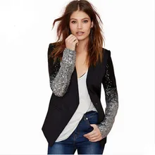 New Women Jacket Coat Blazer Feminino Fashion PU Leather Stitching Silver Sequins Cardigan Blazers Suit Jackets Female C1233