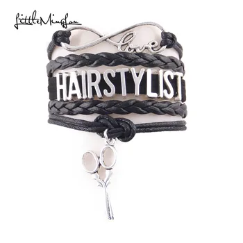 

Little Minglou Infinity Love Hair Stylist bracelet scissors charm leather wrap men bracelets & bangles for women jewelry