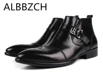 

New Men's Genuine Leather Chelase Ankle Boots Business Dress Work Boots Fashion Trend Carving Brogue Oxford Casual Men Man Shoes