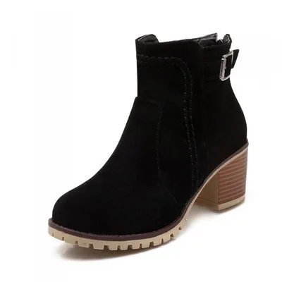GOXPACER/; сезон осень-зима; модные женские ботинки с пряжкой и круглым носком; женские мотоциклетные ботинки из флока; женская обувь; ботильоны на толстом каблуке - Цвет: Черный