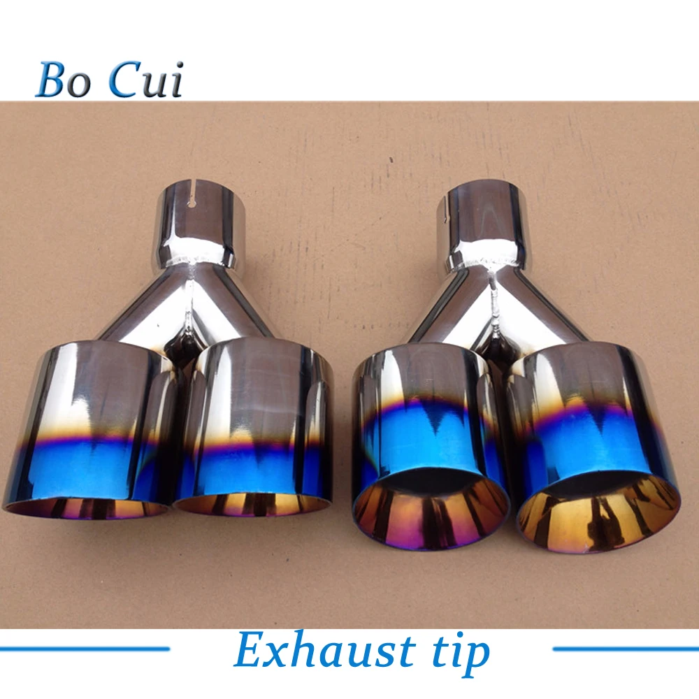 

New Super Quality Stainless Steel 1 to 2 Dual Pipe Exhaust System Silver Blue Muffler Universal Car Automobile Tip Pipes
