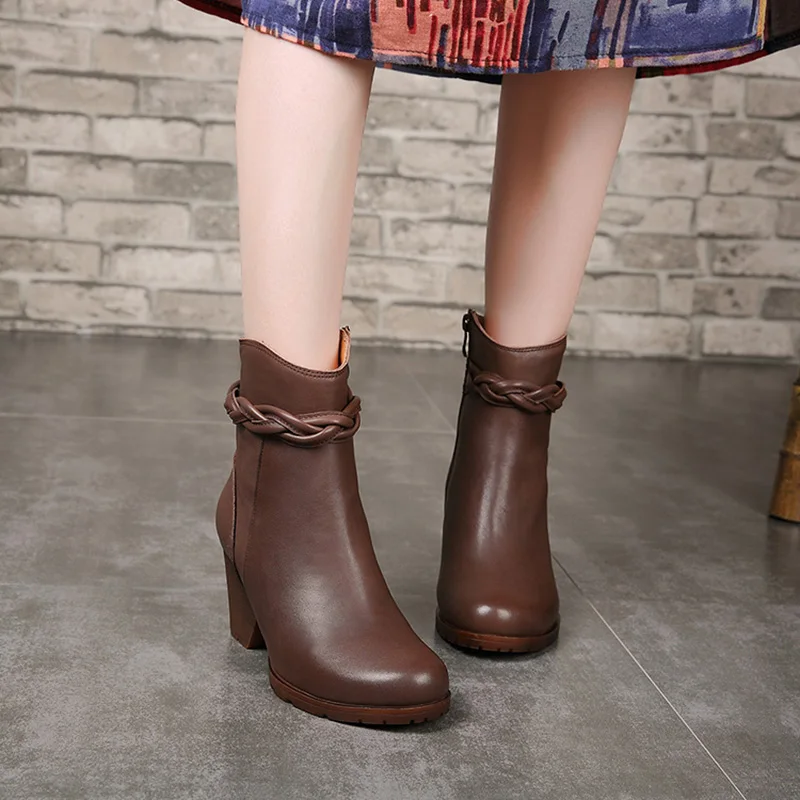 

2018 VALLU Genuine Leather Shoes Women Booties Round Toes Zipper Handmade Vintage Block Heel Lady Ankle Boots