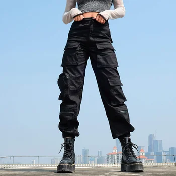 

Women's Irregular High Waist Multi-bag Casual Overalls Trousers Black Pockets Solid Feminine Pants 2019 New Fashion Ladies Cloth