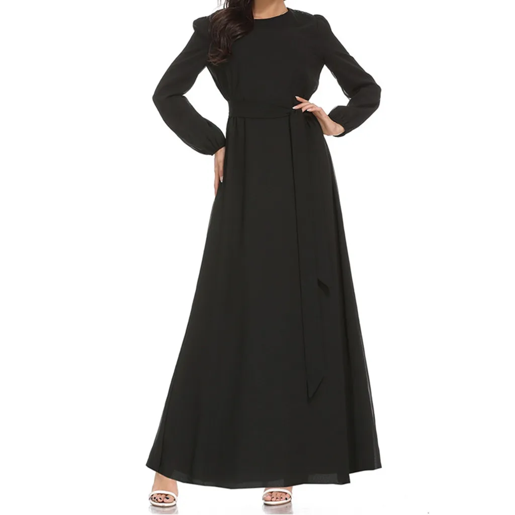 Популярное женское мусульманское повседневное Макси платье с О-образным вырезом, рукав-труба, длинное платье, туника с поясом, мусульманское женское платье, новое поступление