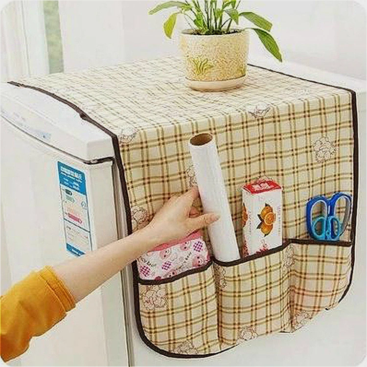 

Modern Cartoon Plaid Pattern Washing Machine Refrigerator Electrical Dustproof Table Cloth Multi-pocket Cover Cloth Storage Bag