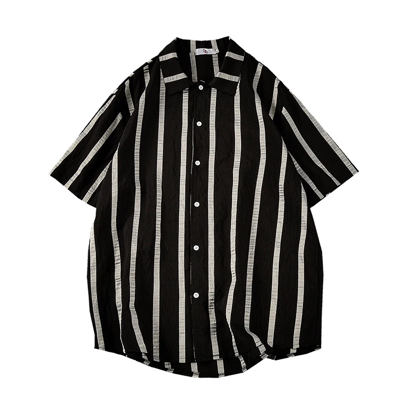 

2019 Summer New Youth Pop Leisure Loose Large Code Striped Skirt Short Sleeved shirt men Multi-Color Camisa Masculina