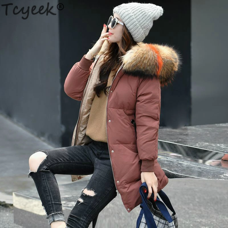  Tcyeek Winter Duck Down Jacket Women Large Fur Hooded Warm Long Coat Female Korean Fashion Thick Cl