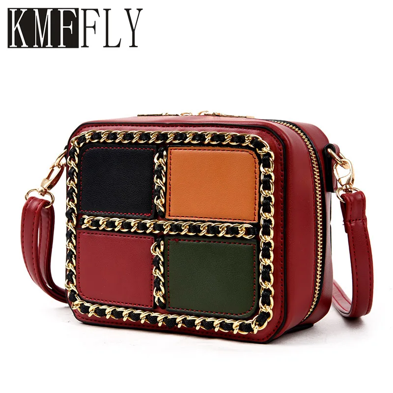 

KMFFLY Brand New Women's Leather  Chain Messenger Bag Sac A Main Geometric Chain Main Luxury Handbags Women Bags Designer