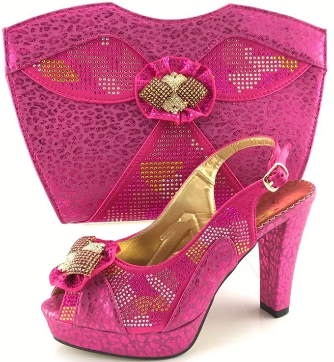 Fuchsia pink Italian Shoes and Matching Bag with stones metal