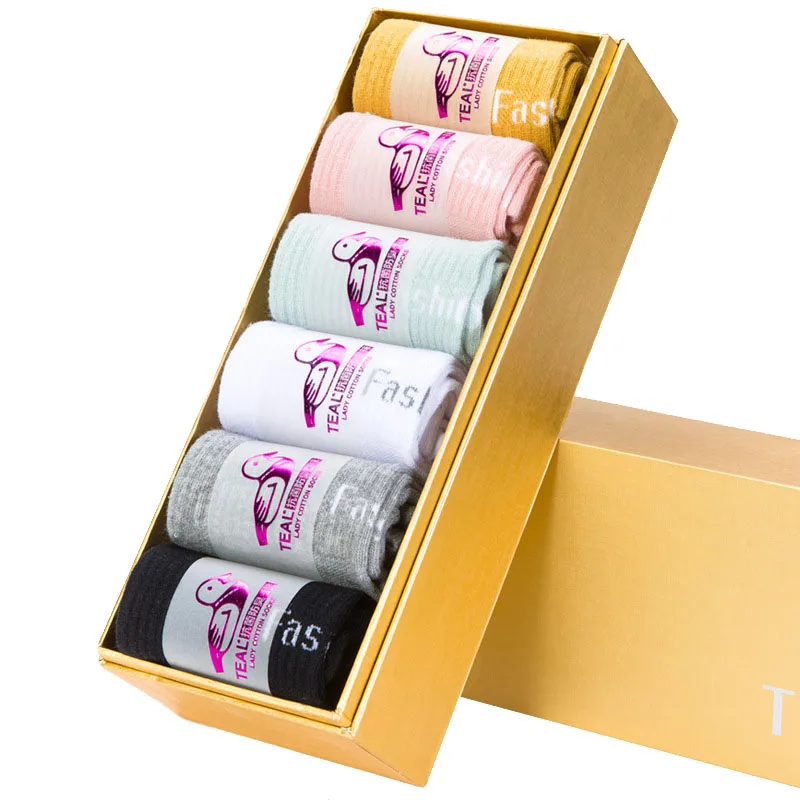 Бирюзовые хлопковые носки для женщин на осень и зиму, антибактериальные носки высокого качества, Подарочная коробка, 6 пар FC-003