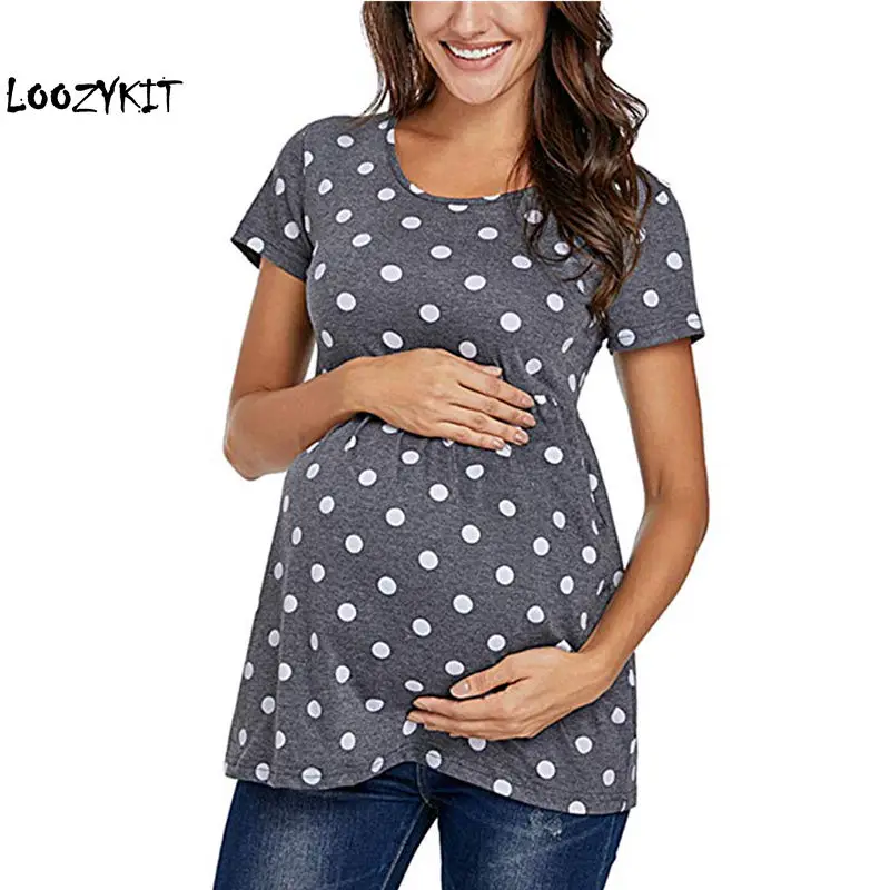 

Loozykit Polka Dot Maternity Tops Women Tee Shirt Ruffles A-line T-shirt Pregnancy Tee Loose Women Clothing Plus Size Tees