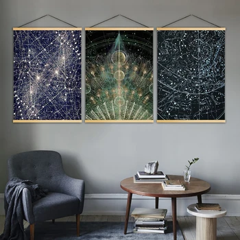 

Print Canvas Modern Wall Art Star Array Sun Moon Painting Solid Wood Hanging Scrolls Posters Abstract Home Decor Nordic Style